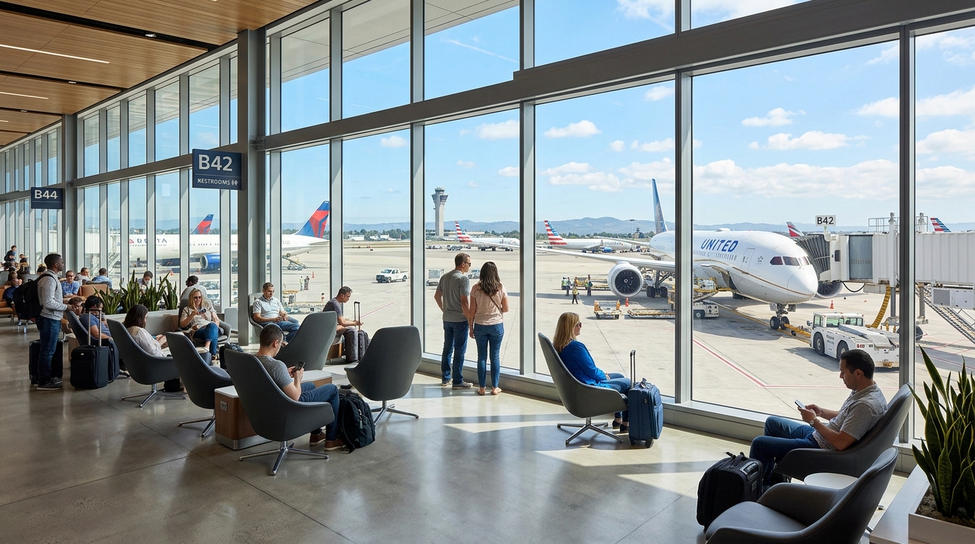 Travelers inside modern American airport terminal looking at airplanes