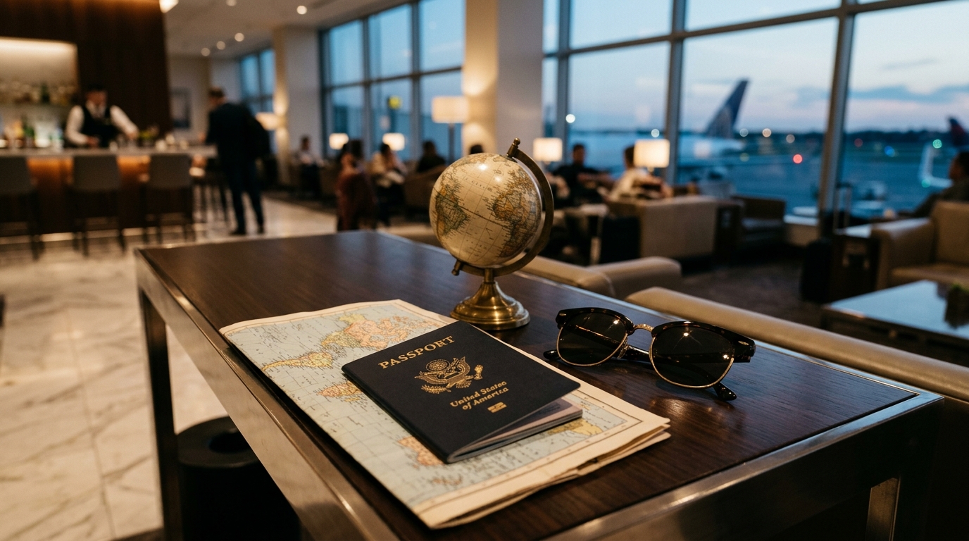 Passport on airport lounge table with map and airplane outside on runway